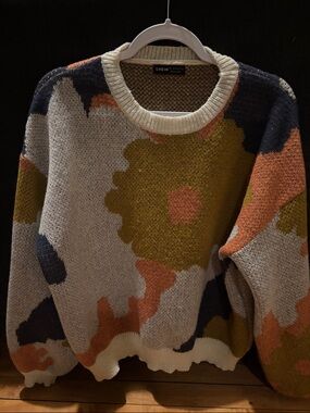 SHEIN Multicolor Abstract Crewneck Sweater in Navy, Olive, Rust & Cream